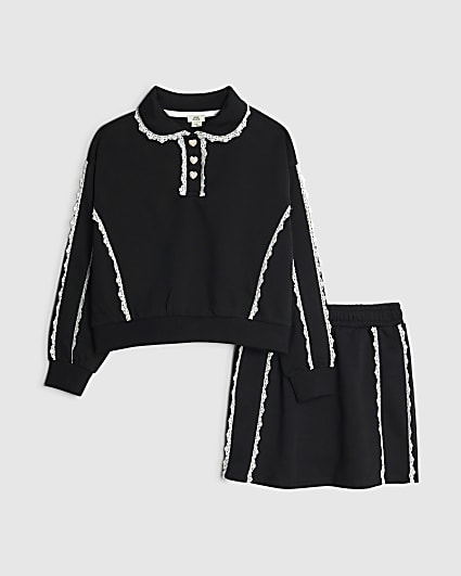 Girls Black Lace Trim Skirt & Sweatshirt Set