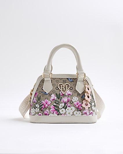 Girls Morgan Brown Floral Monogram Tote Bag