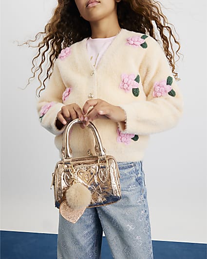 Girls Gold Metallic Mini Bowler Bag
