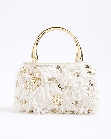 Girls Cream Sequin Feather Tote Bag