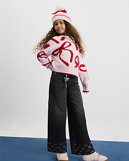 Girls Black Diamante Bow Wide Leg Jeans