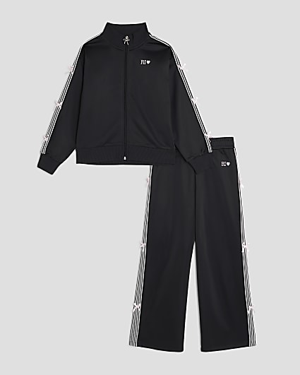 Girls Black Bow Taped Tracksuit Set