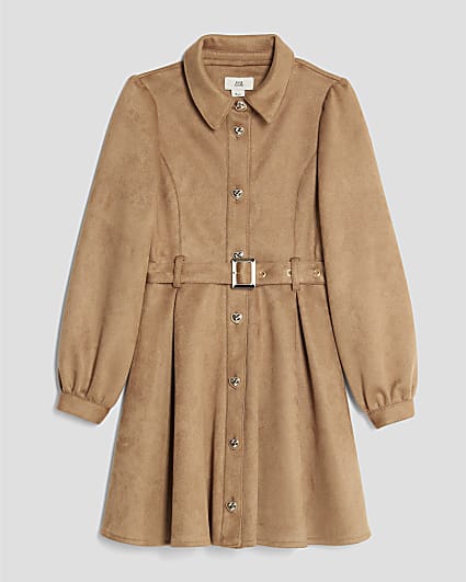 Girls Brown Faux suede Skater Shirt Dress