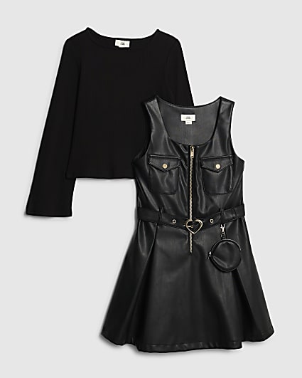 Girls Black Faux Leather Pinafore Dress Set