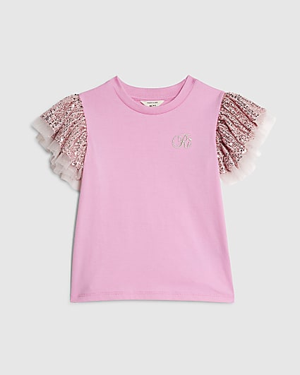 Mini Girls Pink Sequin Frill Sleeve T-Shirt