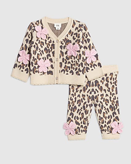 Baby girls Beige Leopard Bow Cardigan Set