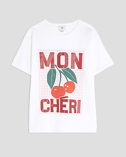 Girls White Mon Cheri Cherry Glitter T-Shirt