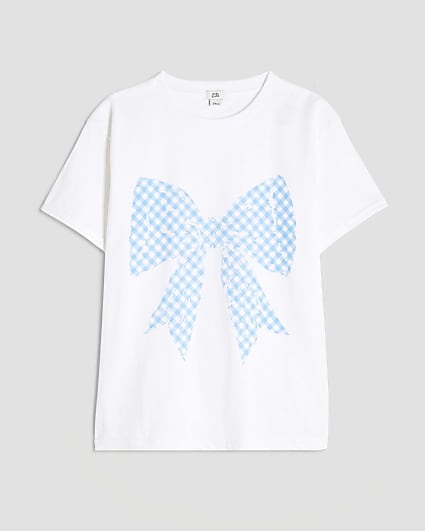 Girls White Gingham Bow T-Shirt