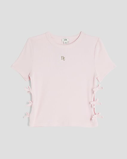 Girls Pink Ribbed Bow Side Top