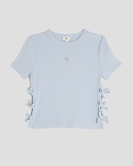 Blue Ribbed Bow Side Top
