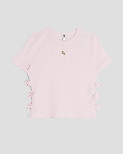 Girls Pink 3D Bow Ribbed Top