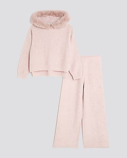 Girls Pink Sequin Faux Fur Hooded Hoodie Set