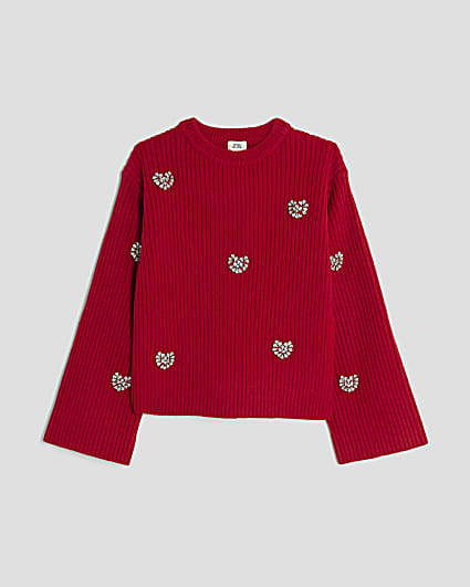 Girls Red Embellished Heart Jumper