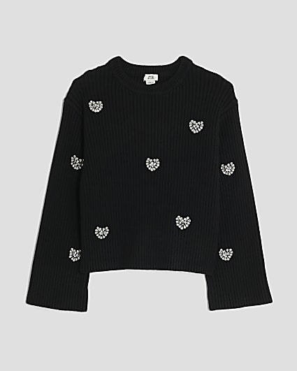 Girls Black Embellished Heart Jumper
