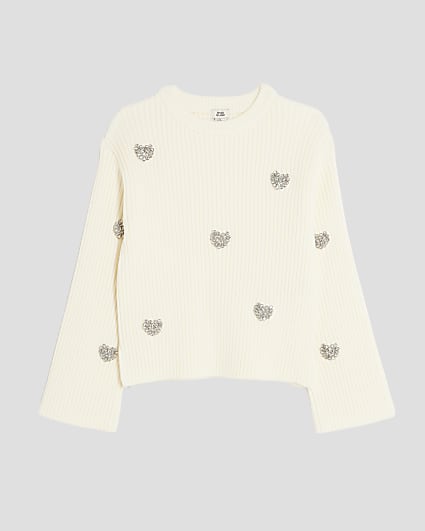 Girls White Embellished Heart Jumper