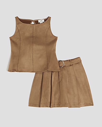 Girls Brown Faux Suede Top and Skirt Set