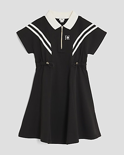 Girls Black Draw Cord Polo Dress