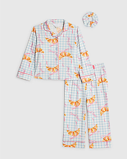 Mini Girls Blue Gingham Croissant Pyjamas Set