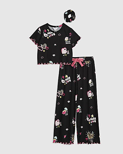 Girls Black Graffiti Print Pyjamas Set