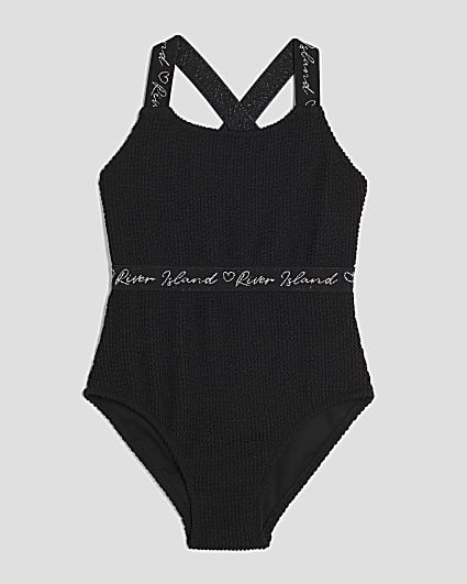 Girls Black Textured Swimsuit