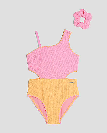 Girls Pink Colour Block Textured Swimsuit Set