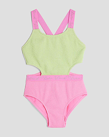 Girls Green Textured Colour Block Swimsuit