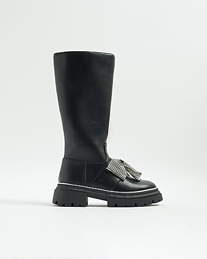 Girls Black Diamante Bow Knee High Boots