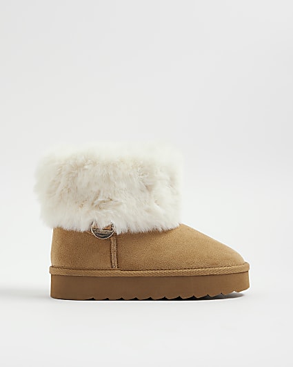 Girls Brown Fur Lined Fur Cuff Boots