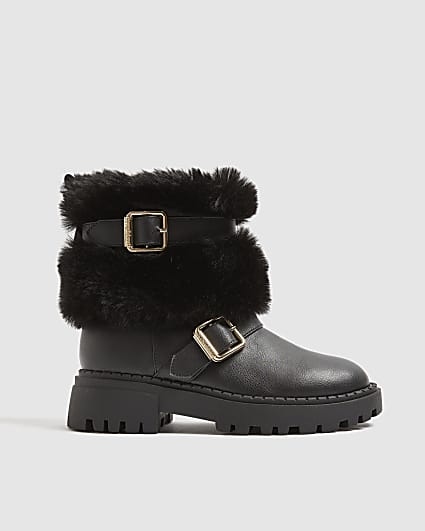 Girls Black Faux Fur Strap Boots