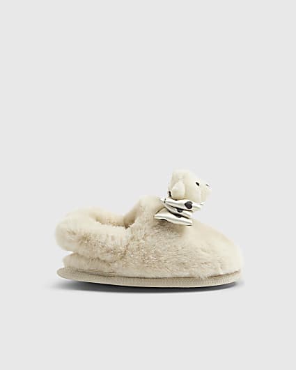 Mini Girls Cream Bear Bow Slippers