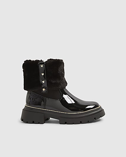 Girls Black Faux Fur Cuff Patent Boots