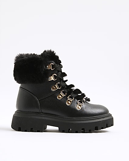 Girls Black Lace Up Hiker Boots