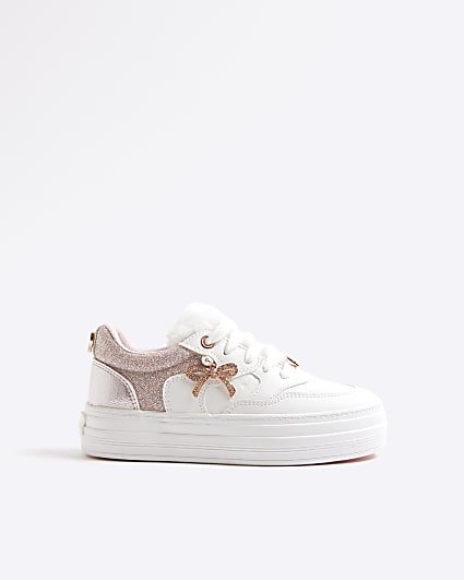 Girls Pink Faux Fur Tongue Bow Trainers