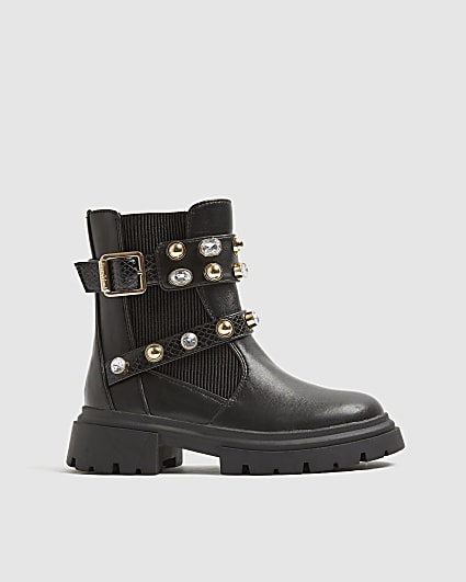 Girls Black Gem Strap Chelsea Boots