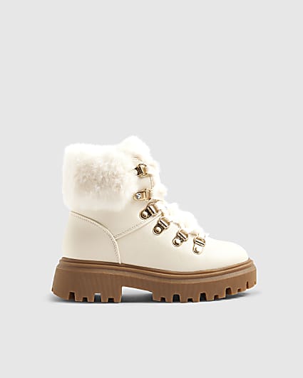 Girls Cream Lace Up Hiker Boots