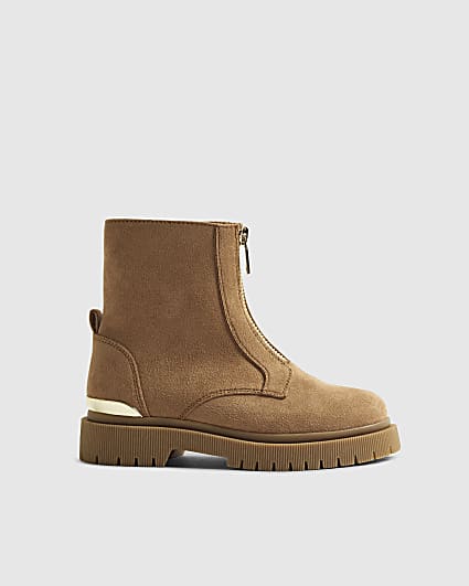 Girls Brown Faux Suede Zip Front Boots