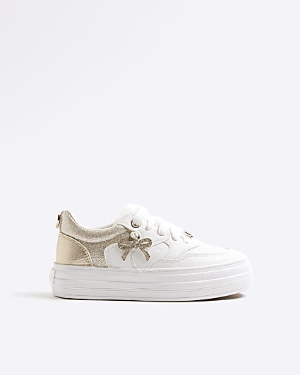 Girls White Faux Fur Tongue Bow Trainers