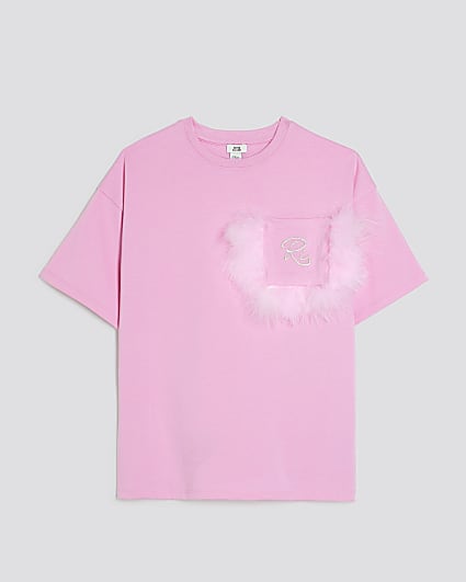 Girls Pink  Feather Chest Pocket T-Shirt