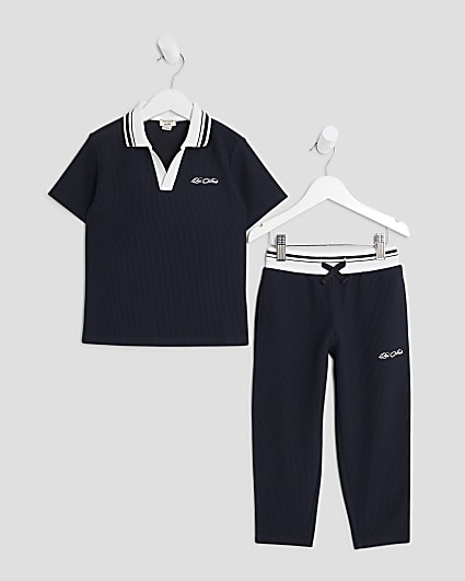 Mini Boys Navy Textured Polo Shirt Set