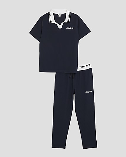 Boys Navy Textured Polo Shirt Set