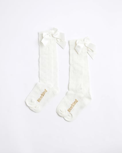 Mini Girls White 2 Pack Bow Knee High Socks
