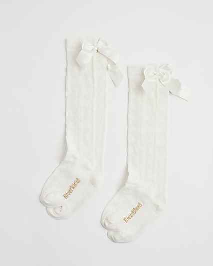 Girls White Pack Of 2 Bow Knee High Socks