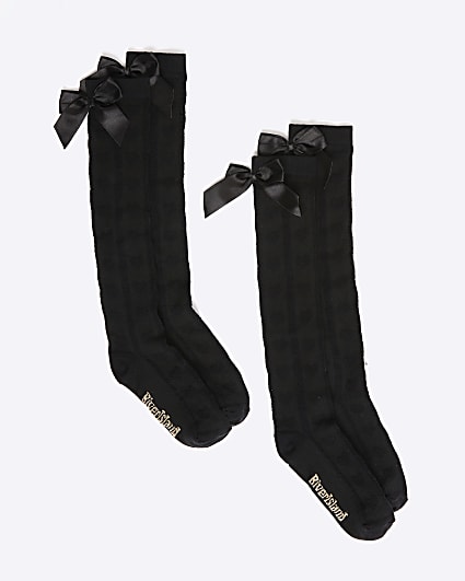 Girls Black Pack Of 2 Bow Knee High Socks