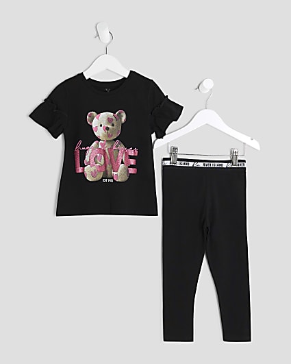 Mini Girls Black Love Bear T-Shirt Set