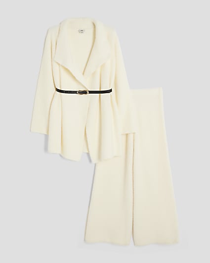 Girls Cream Belted Cardigan Set