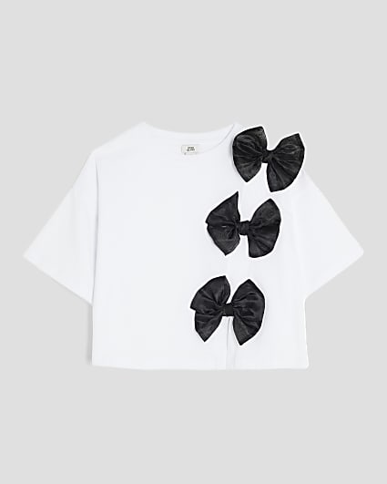 Girls White Bow Short Sleeve Crop Top