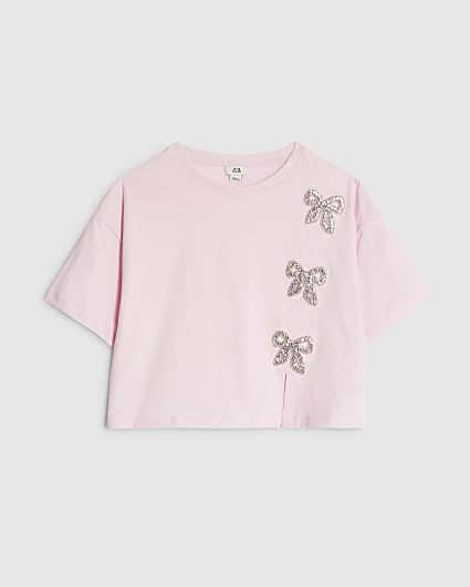 Girls Pink Diamante Bow Crop T-shirt