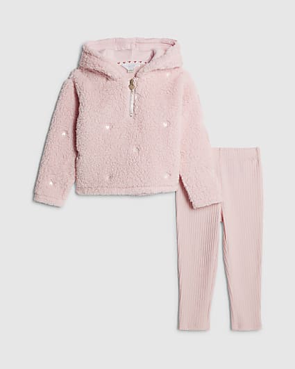 Mini Girls Pink Heart Borg Cosy Hoodie Set