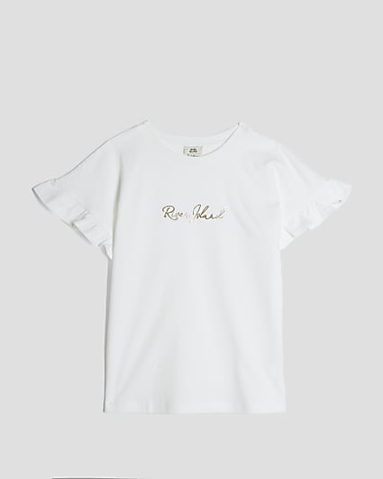 Girls White RI Frill T-shirt