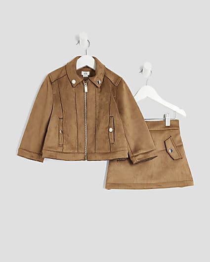 Mini Girls Brown Suede Skirt Set